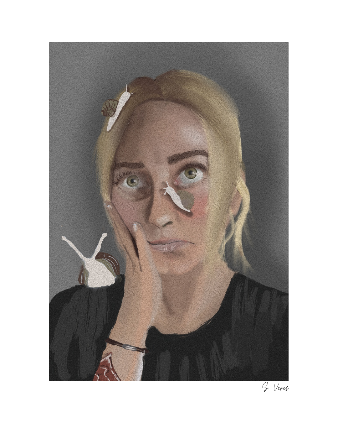 A Self Portrait, by Sammie Veres - a self portrait with snails on my face 